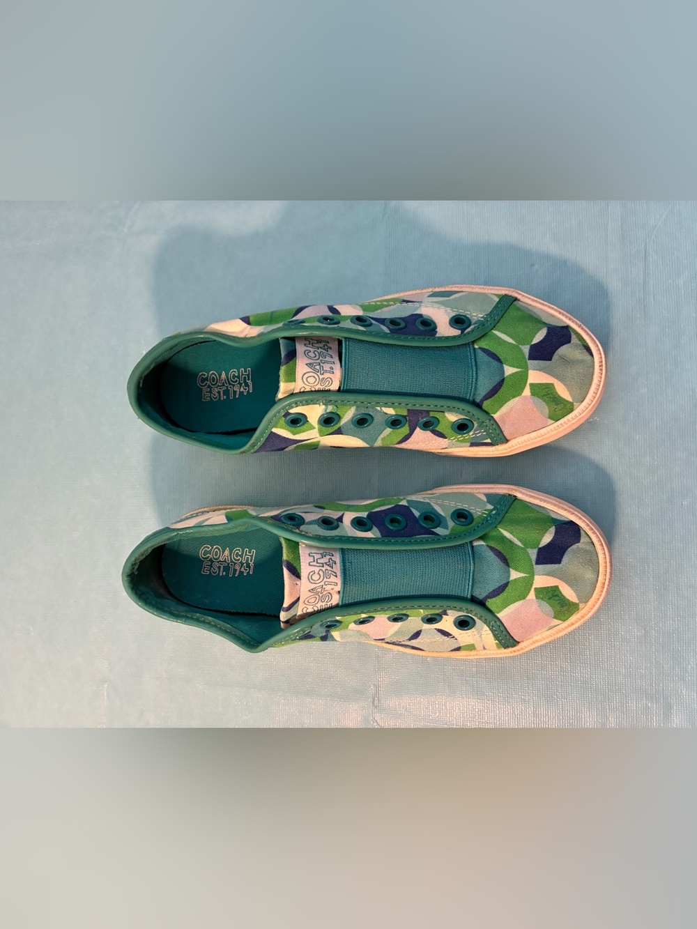 Coach Women’s Green and Teal Patterned Slip-On Sneakers Size 6B